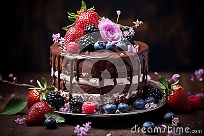 Chocolate cake ,berries and fresh flowers Stock Photo