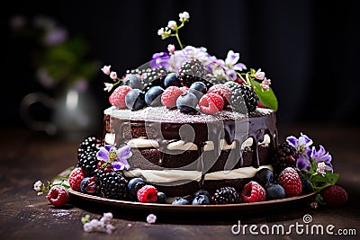 Chocolate cake ,berries and fresh flowers Stock Photo