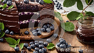 Chocolate cake blueberries in the decorated cream fresh homemade baked pastry gourmet Stock Photo