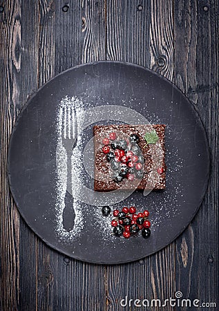 Chocolate cake brownie with summer berries Stock Photo