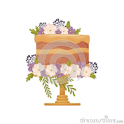Chocolate cake with caramel icing. Decorated with pink and purple flowers. Vector illustration on a white background. Vector Illustration
