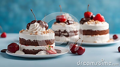 chocolate cake with cherry A realistic painting of three delicious cakes on a white plate with a blue background. Stock Photo