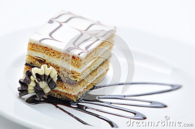 Chocolate cake with chocolate toping on white plate, sweet dessert, patisserie, shop, cocoa powder Stock Photo