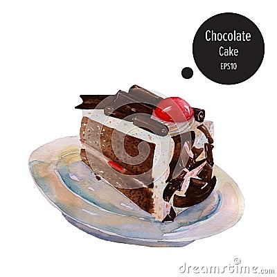 Chocolate cake with cream jelly on plate watercolor painting vec Vector Illustration