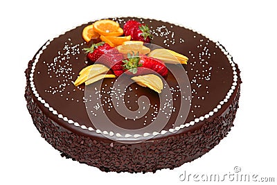 Chocolate cake decorated with fruit Stock Photo