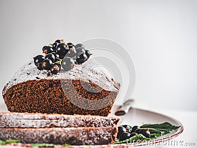 Chocolate cake, fresh berries and vintage plate Stock Photo