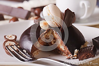 Chocolate cake with hazelnut and macaroon close-up horizontal Stock Photo