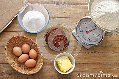 Chocolate cake ingredients ready to be mixed Stock Photo