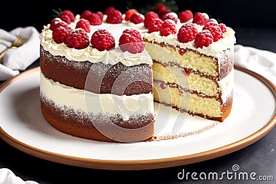 Chocolate cake with raspberries and cream on a wooden table. Homemade cake with nuts and honey. Generative AI Stock Photo