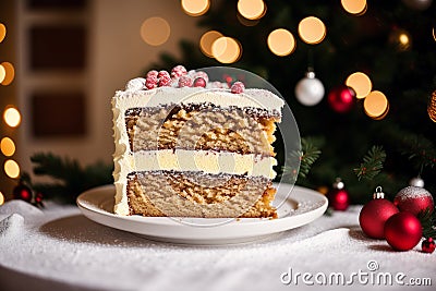 Chocolate cake with raspberries and cream on a wooden table. Homemade cake with nuts and honey. Generative AI Stock Photo