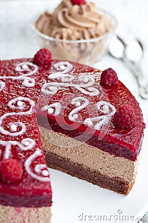 Chocolate cake with raspberry jelly Stock Photo