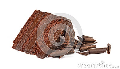 Chocolate cake slice with curl on white background. Stock Photo