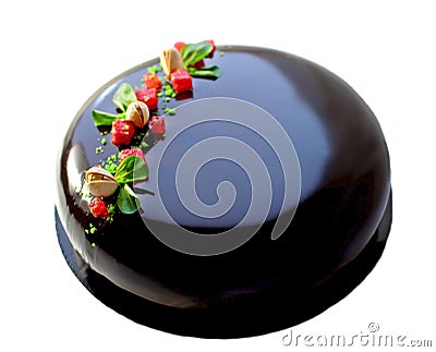 Chocolate cake with strawberries and whole pistachio nuts Stock Photo