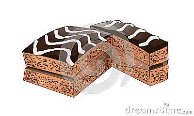 Chocolate cake with sweet cream poured on top white frosting and dark chocolate. Vector Illustration