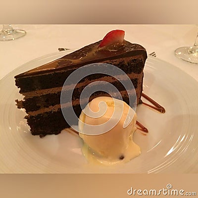 Chocolate cake and vanilla icecream Stock Photo