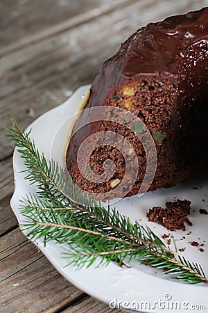 Chocolate cake wreath gugelhupf with candied citrus desert Stock Photo