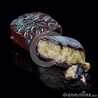 Chocolate candies, handmade.With pistachio cream Stock Photo
