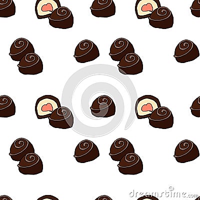 Chocolate candies seamless pattern background with sweet food desserts. Vector confectionery treats and snacks design Stock Photo