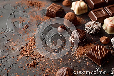 Chocolate candies with truffles on bron cocoa background.Space for text.AI Generative Stock Photo