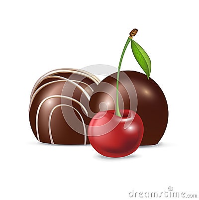 Chocolate candy and cherry fruit isolated Vector Illustration