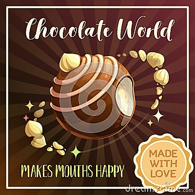 Chocolate candy planet banner. Food galaxy illustration. Vector Illustration