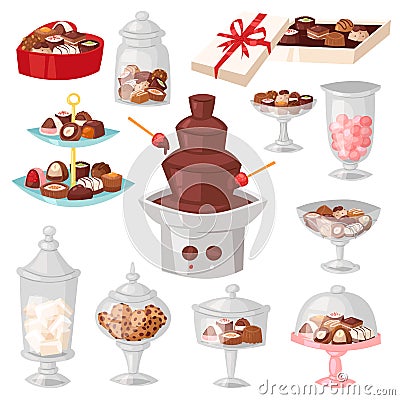 Chocolate candy vector sweet confection dessert with cocoa in glass jar in confectionery shop illustration of tasty Vector Illustration