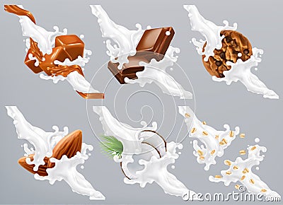 Chocolate, caramel, coconut, almond, biscuit, oats in milk splash. Yogurt 3d vector Vector Illustration