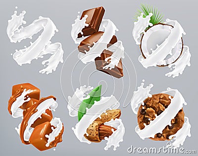 Chocolate, caramel, coconut, almond, biscuits in milk splash. Yogurt 3d vector Vector Illustration