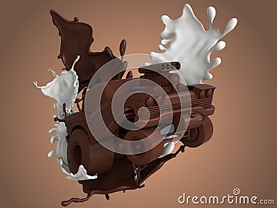 Chocolate cartoon car, chocolate splash,milk chocolate in cartoon car Stock Photo