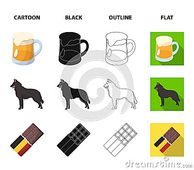 Chocolate, cathedral and other symbols of the country. Belgium set collection icons in cartoon, black, outline, flat style Vector Illustration