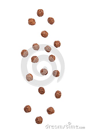 Chocolate cereal balls falling isolated on white background Stock Photo