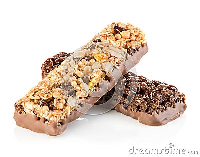 Chocolate cereal bars close-up isolated on a white background Stock Photo