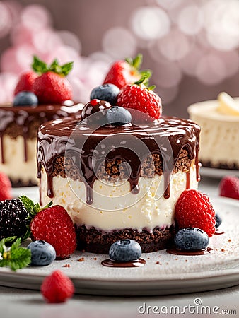 chocolate cheesecakes with cream sauce and berry filling Stock Photo