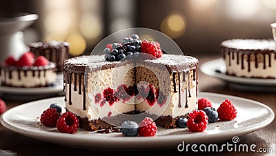 chocolate cheesecakes with cream sauce and berry filling Stock Photo