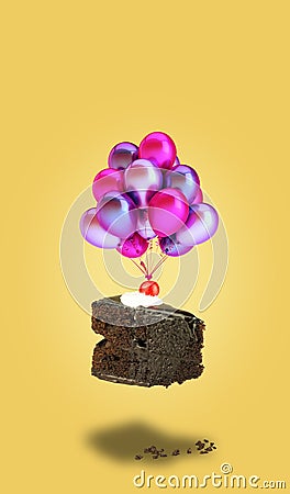 chocolate cherry cake with balloons on yellow background Stock Photo