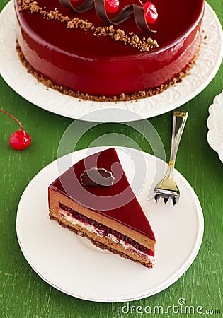 Chocolate cherry cake covered Stock Photo