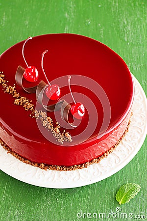 Chocolate cherry cake covered Stock Photo