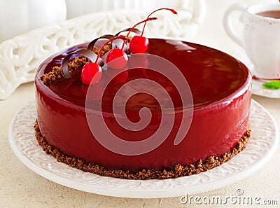 Chocolate cherry cake covered Stock Photo