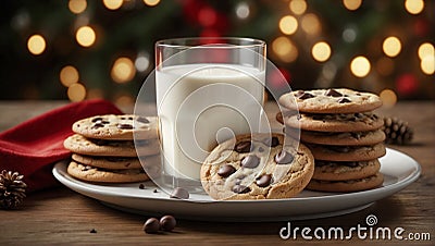 Chocolate Chip Christmas Cookies Accompanied by a Refreshing Glass of Milk. AI Generated Stock Photo