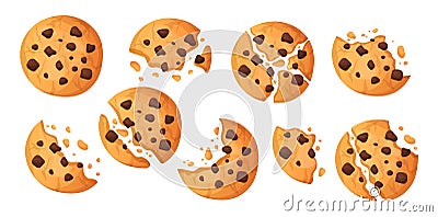 Chocolate chip cookie. Cartoon sweet cake with butter dough. Full and half isolated pastry. Bitten and crushed choco Vector Illustration