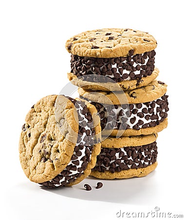 Chocolate Chip Cookie Ice Cream Sandwiches on White Background Stock Photo