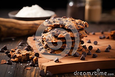 a chocolate chip cookie pile on a rustic wooden board Stock Photo