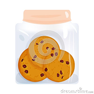 Chocolate chip cookie set, homemade biscuit in glass jar, isolated on white background. Bright colors. Vector Vector Illustration