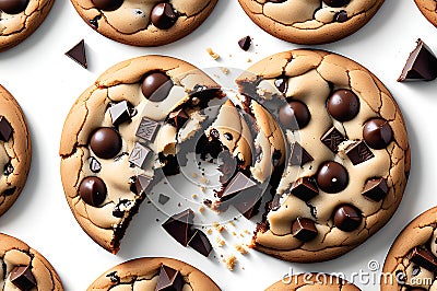 Chocolate Chip Cookie Undergoing Stages of Being Devoured - Sequential Capture from Initial Whole Round to the Last Crumb Stock Photo