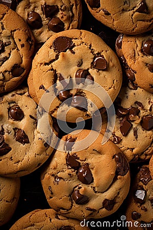 Chocolate chip cookies background. Close up, top view. Homemade pastries. AI generated Stock Photo