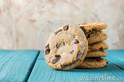 Chocolate Chip Cookies on Blue Table Stock Photo