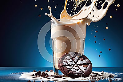 Chocolate Chip Cookies Cascading Down, Colliding with a Dynamic Splash of Milk: Chips Dispersing in Agitation Stock Photo