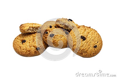 Chocolate chip cookies with cracks isolated on white background. Stock Photo