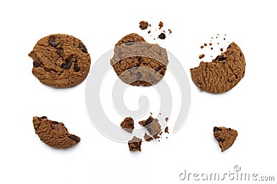 Chocolate chip cookies with some broken and crumbs Stock Photo