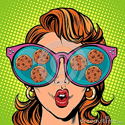 Chocolate chip cookies. Woman reflection in glasses Vector Illustration